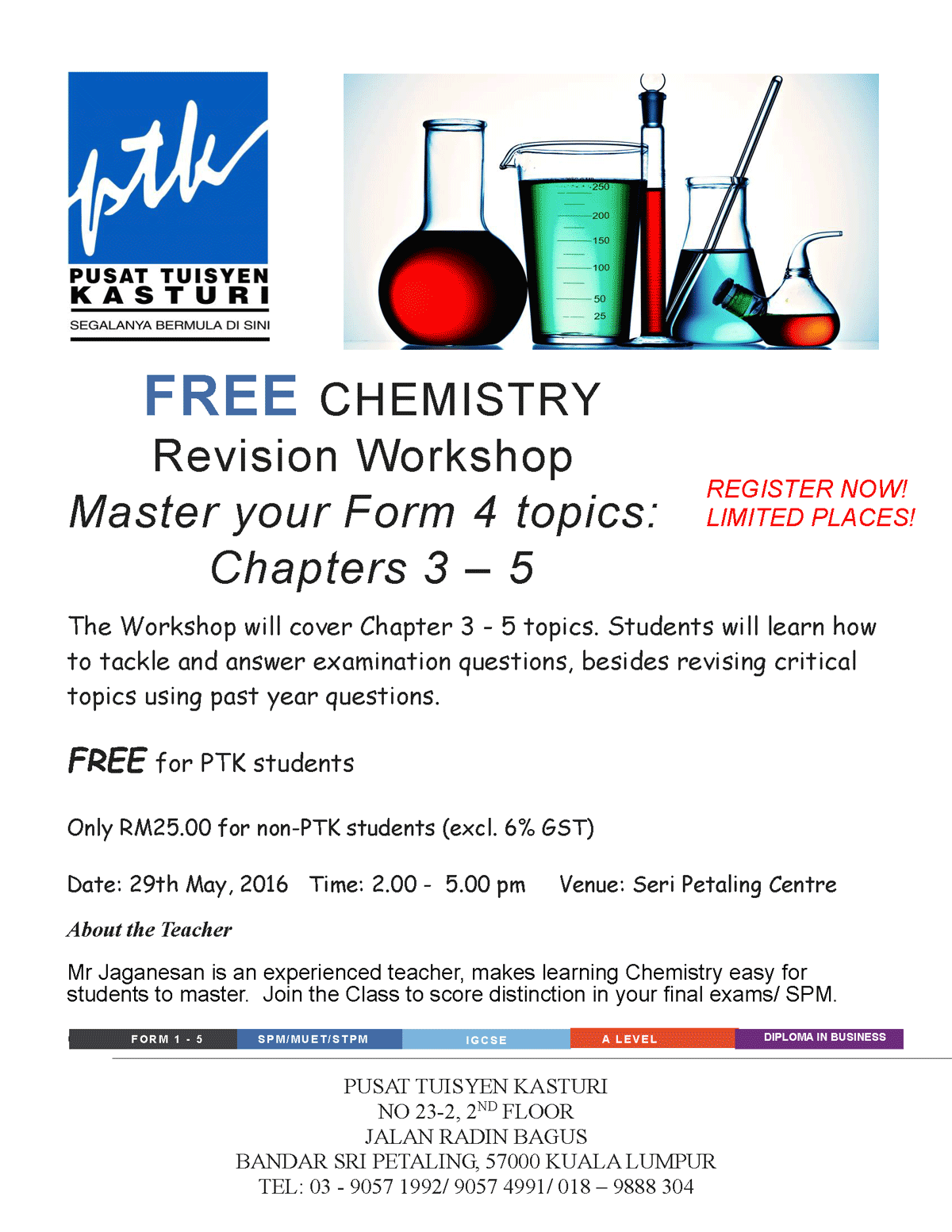 Free Chemistry Revision Workshop from Pusat Tuisyen Kasturi PTK
